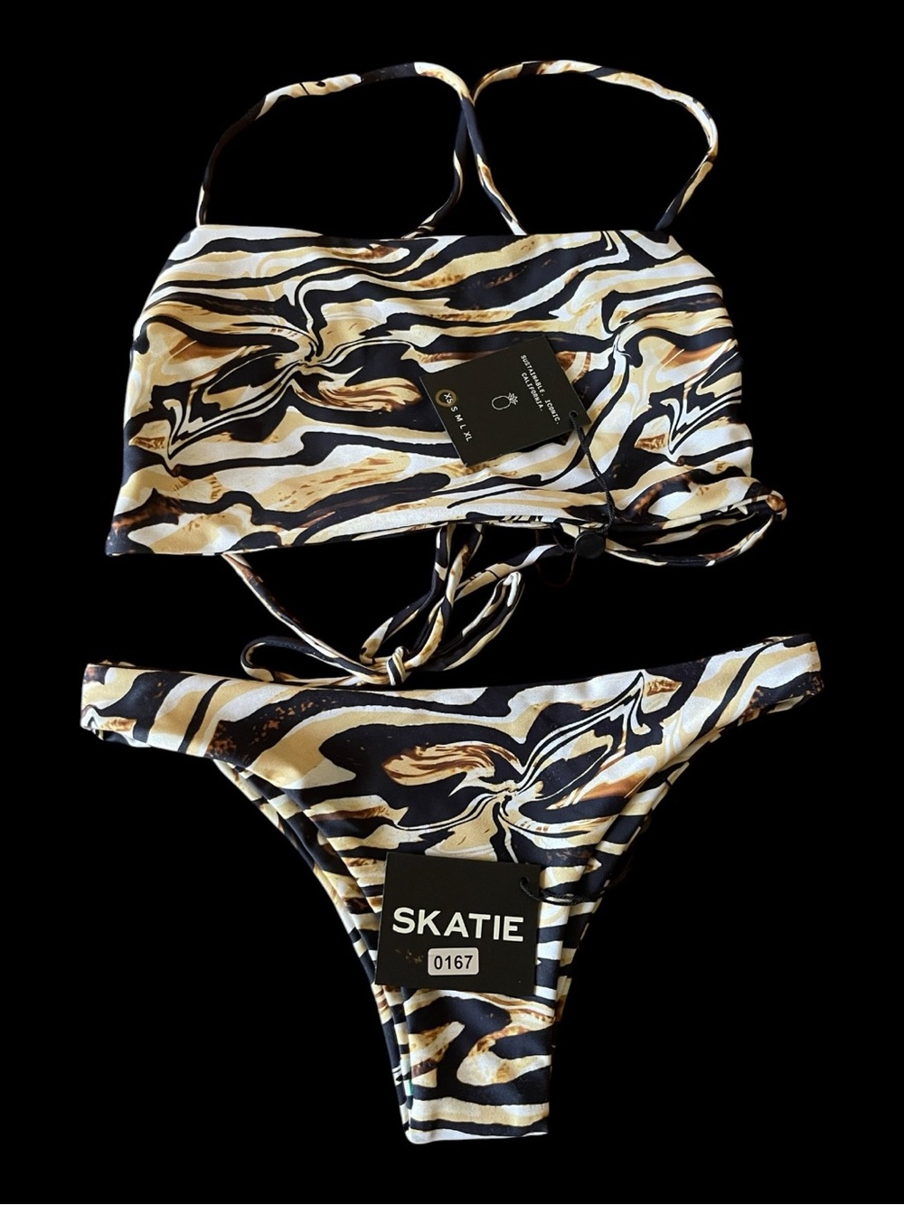Skatie Dylan Bottom & Bandeau Top Bikini Set Zebra Marble Print NWT XS